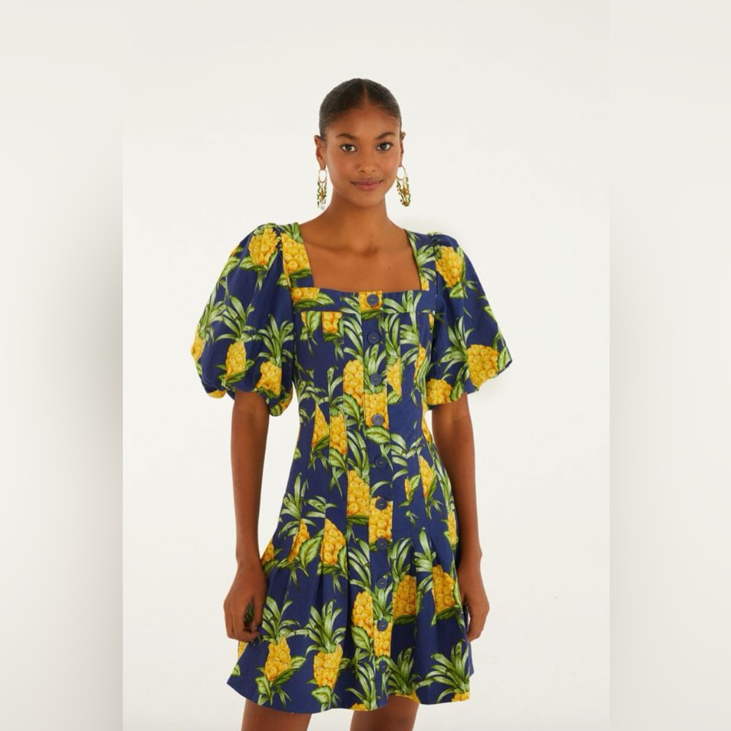 Farm Rio Navy Blue Delicate Pineapple Lenzing Ecovero Euroflex Mini Dress